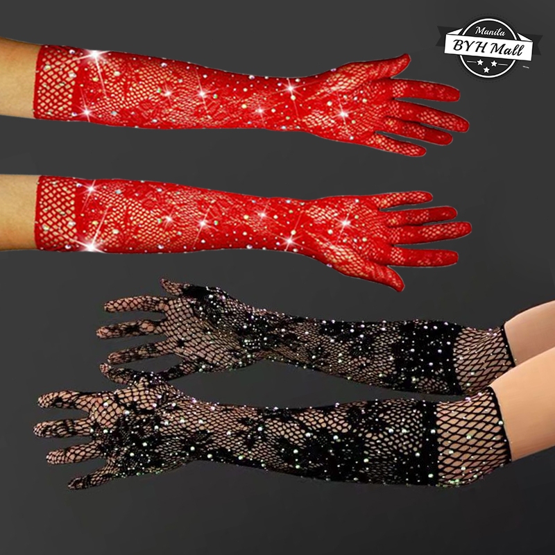 Sexy Black Red Rhinestone Fishnet Gloves Long Stretch Mesh Lace Women ...