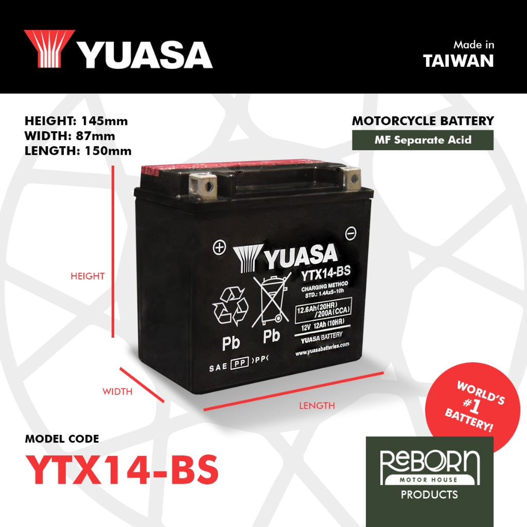 YUASA YTX14 MOTORCYCLE BATTERY MADE IN TAIWAN for BMW GS RNineT R9T ...