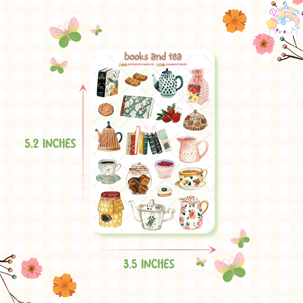 Books and Tea | Sticker Sheet | Aesthetic Watercolor Kawaii Journal ...