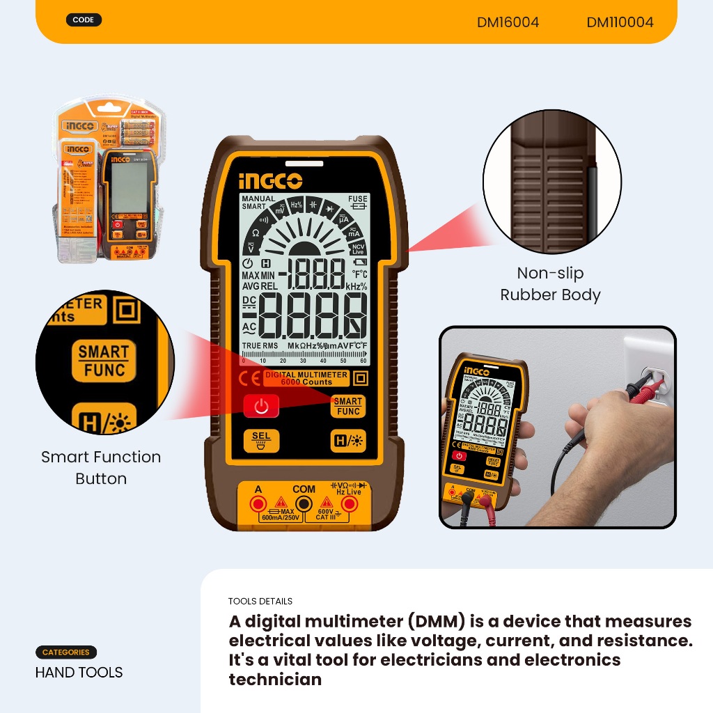 Ingco 600V/1000V Digital Multimeter True RMS Auto Range Volt Amp Ohm ...