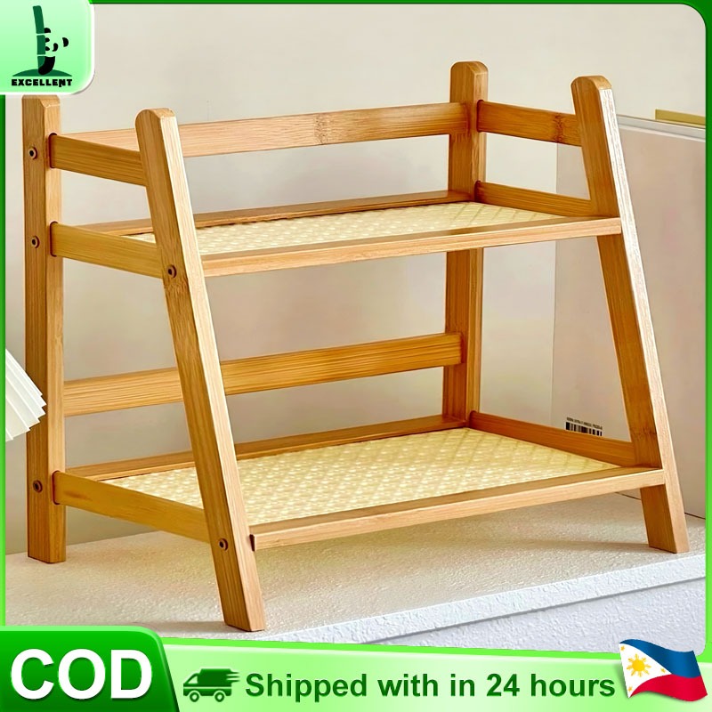 [On Hand]New Rattan Desktop Double-Layer Storage Rack Bedroom Storage ...