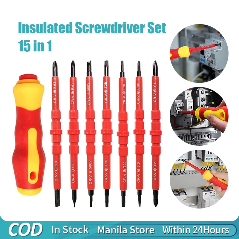 15 in 1 Insulated Screwdriver Set Interchangeable Phillips Slotted Pozi ...