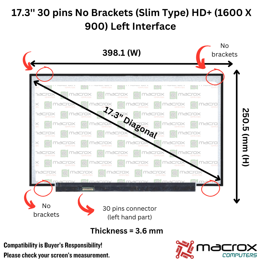 Laptop Screen 17.3'' 30 pins No Brackets (Slim Type) HD+ (1600 X 900 ...