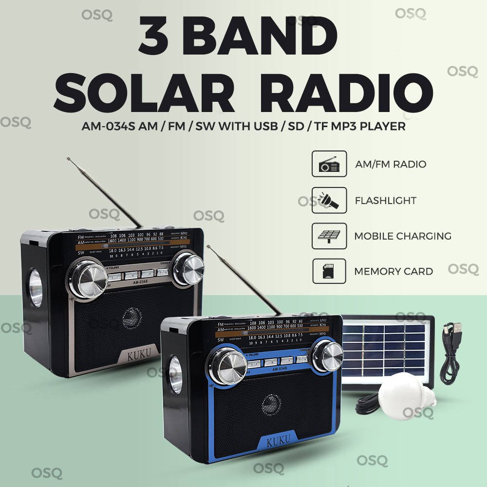 OSQ Solar Powered AM/FM/SW 3 BAND Radio with USB/SD/TF MP3 Player and ...