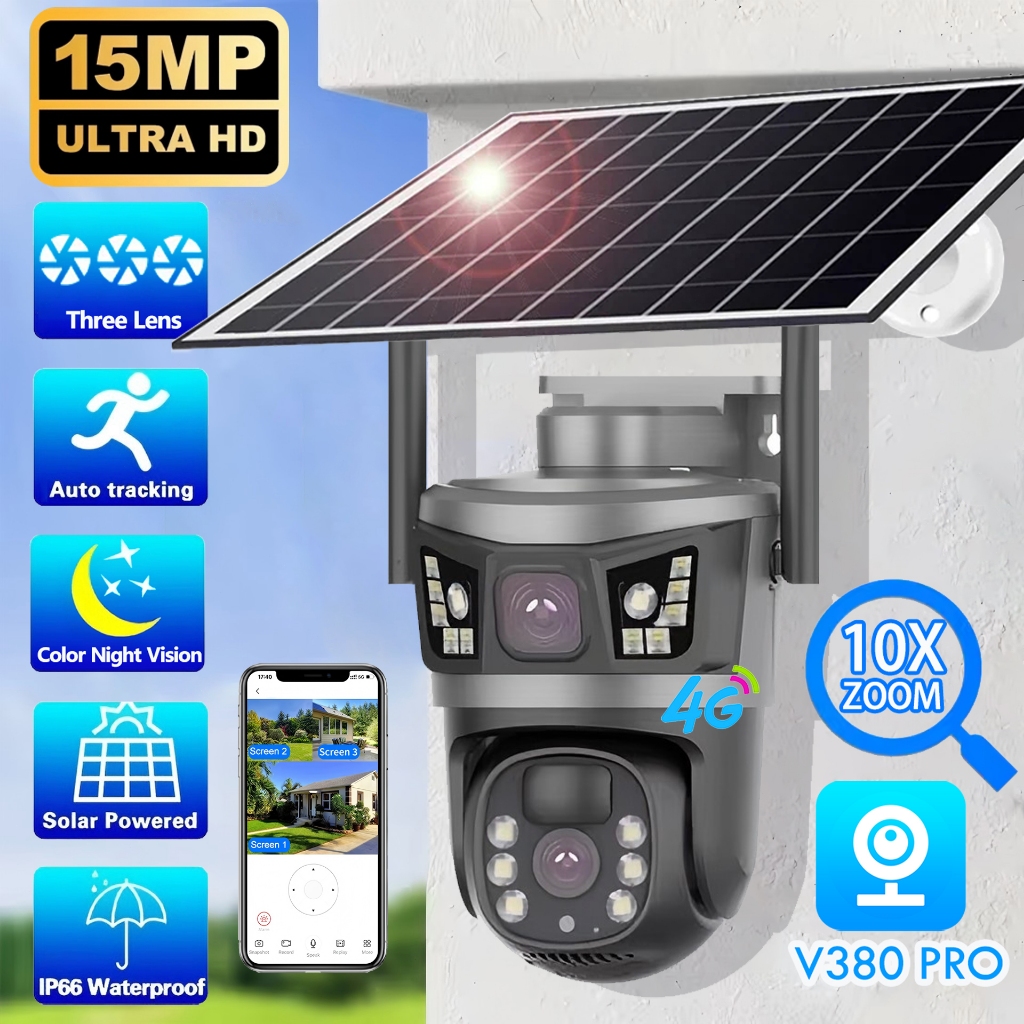 V380 4G SIM Solar Outdoor CCTV 10X zoom Three Lens no wifi needed Auto ...