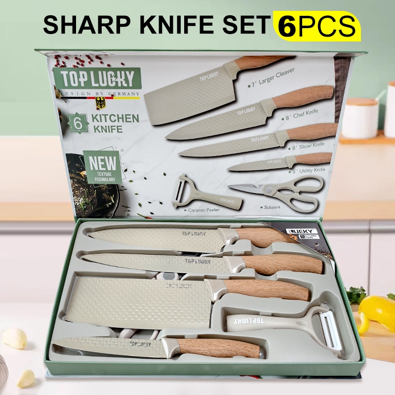 Kitchen Knife Set 6 PCS Khaki Stainless Steel Chef Knife Cleaver ...