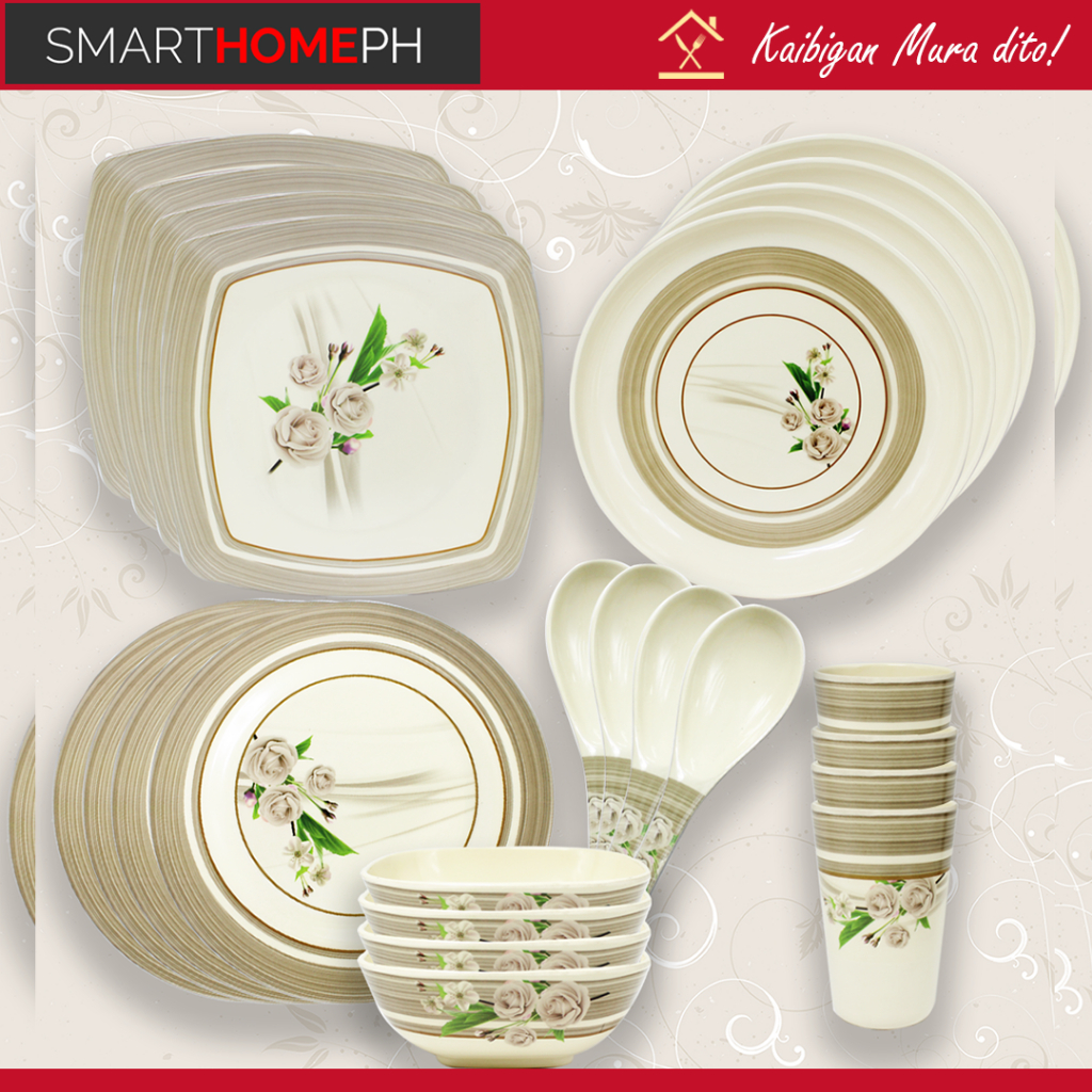 4pcs set Melamineware White Rose design plates, bowls, cups, spoon