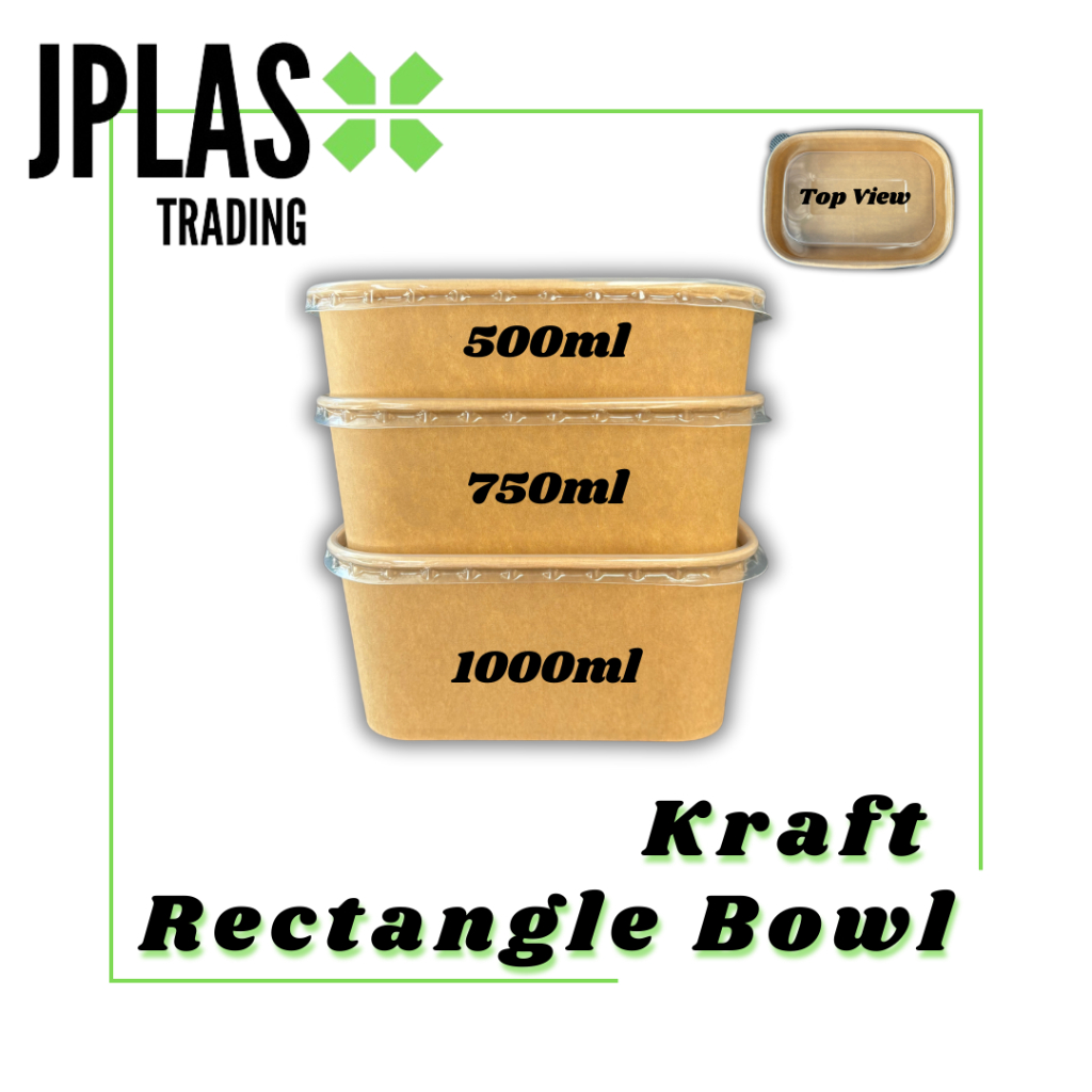 25 pcs - Kraft Salad Rectangle Paper Bowl with Plastic Lid Disposable ...