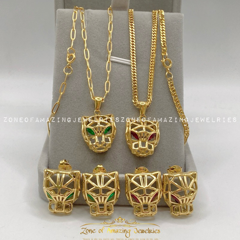zoaj.ph Stainless Steel Gold Panther Necklace and Earrings Set with Red ...