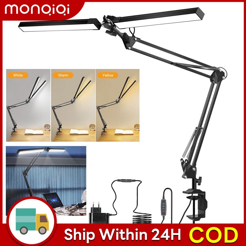 LED Folding Metal Desk Lamp Clip On Light Clamp Long Arm Dimming Table ...