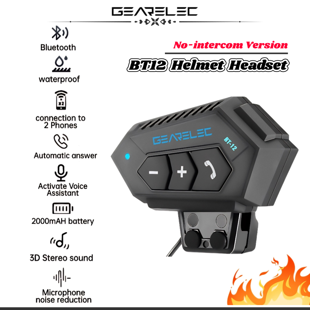 GEARELEC BT12 Motorcycle Helmet Bluetooth Headset Motorbike Wireless  Earphones with Hard Microphone