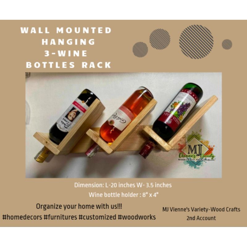WINE RACK | 3-WINE BOTTLES WALL MOUNTED HANGING RACK | 20 inches x 3.5 ...