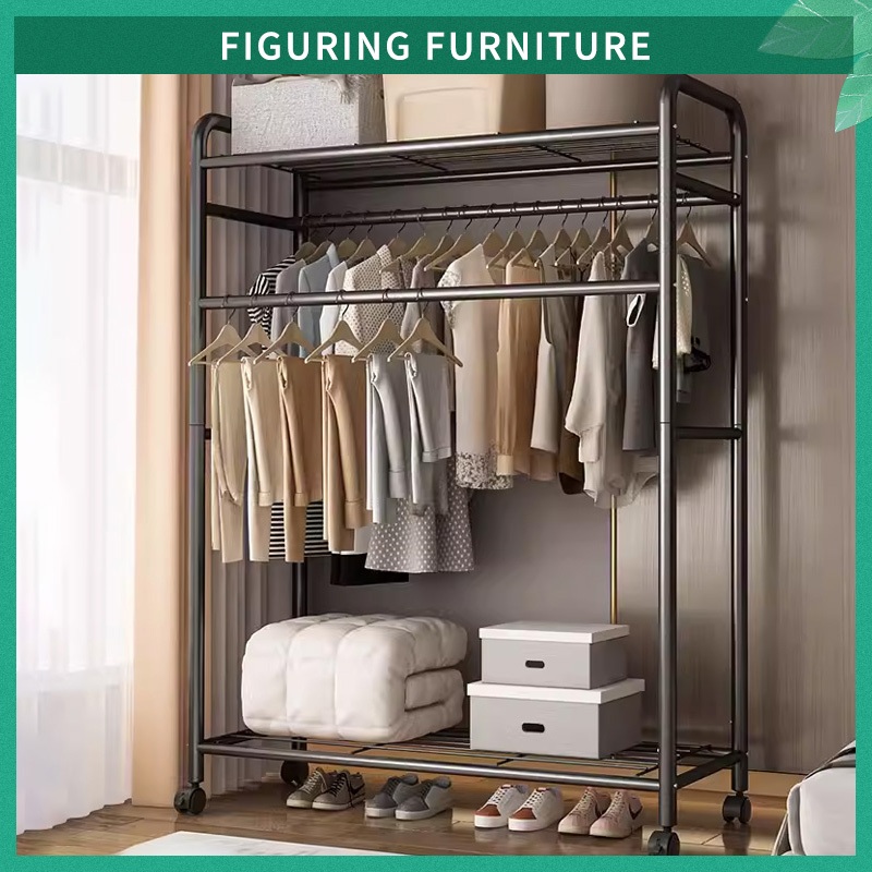 Heavy Duty Double Rod Clothes Rack with Wheels, Movable Quilt Storage ...
