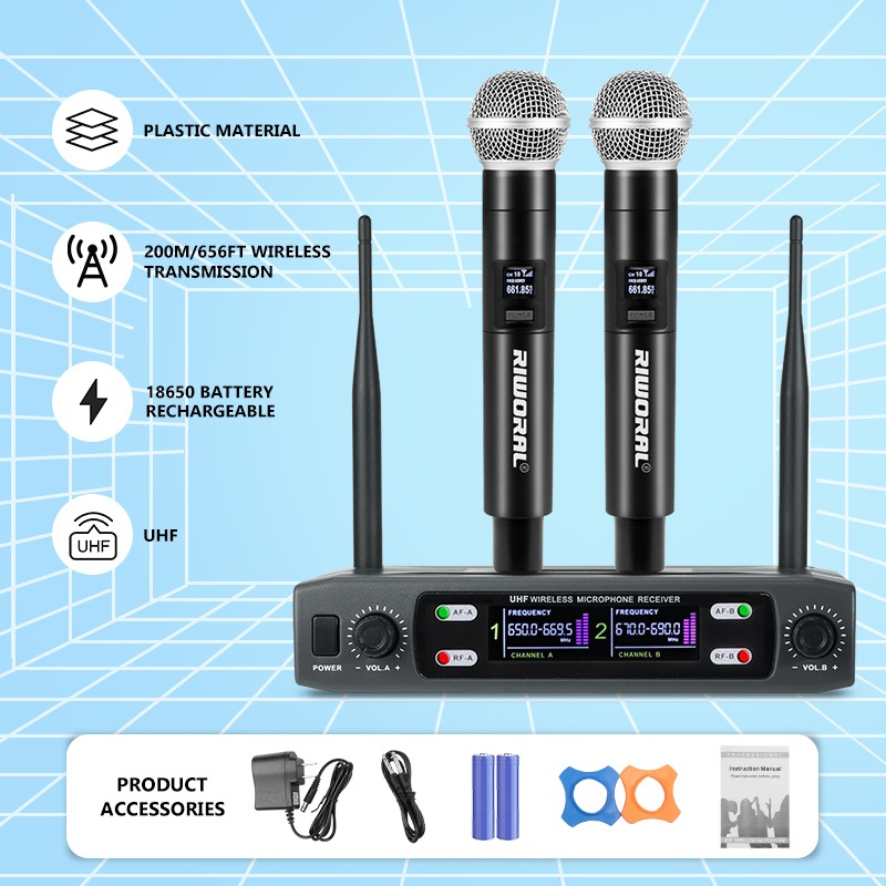 Wireless Microphone UHF dual Microphone 1200mah Rechargeable One Click ...