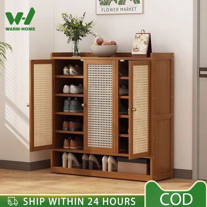 7Layers Bamboo Shoe Cabinet Wooden Door With Cover Rattan Shoe Rack ...