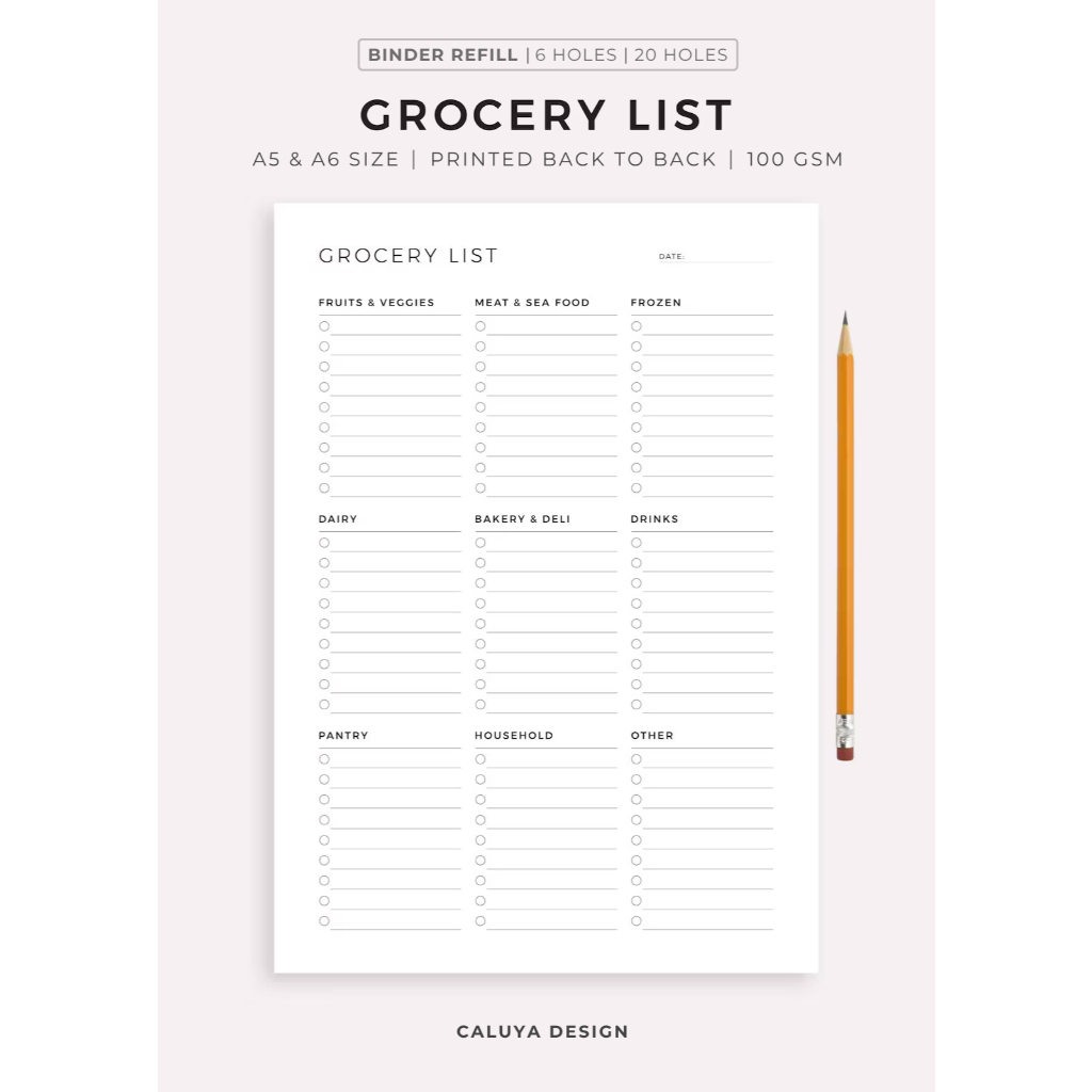 A5 / A6 Binder Refill, Grocery List Tracker, Grocery Planner, Refill ...