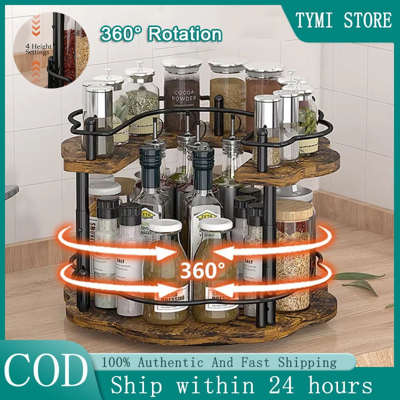 Spice Bottle Organizer 360° Rotating Wooden Spice Rack Kitchen Shelves ...