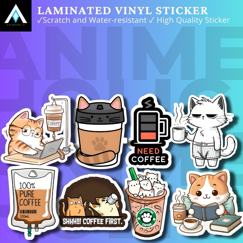 COFFEE AND CATS STICKERS CUTE LAMINATED VINYL STICKERS ANIMEHOLIC ...
