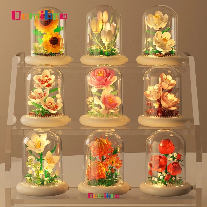 Flowers Set Building Blocks Toys Tulips Rose Sunflower with Glass Cover DIY Toys Gift for Girlfriend