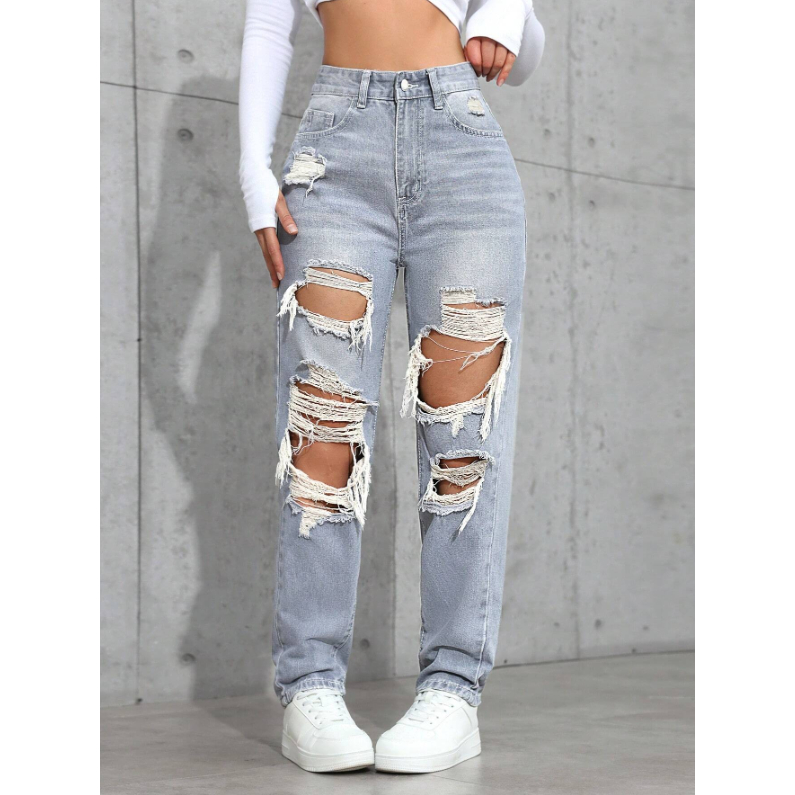 high waist denim pants ripped tattered jeans straight leg for women ...