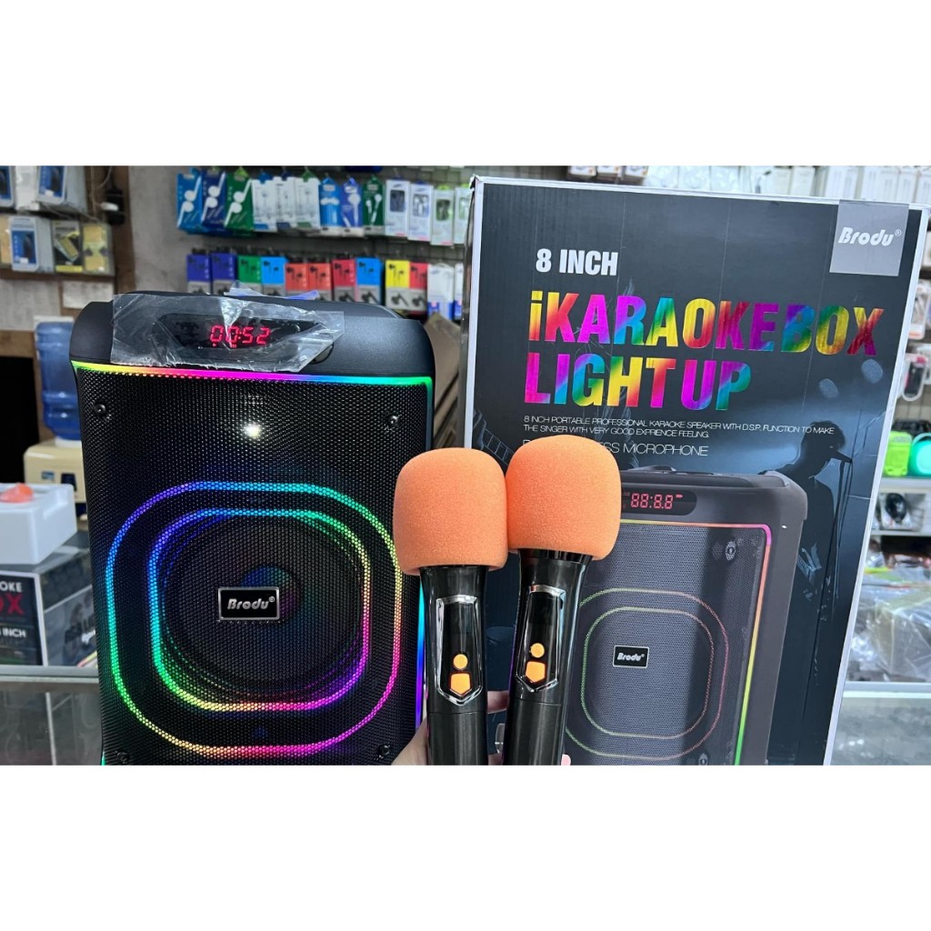 BRODU BTS-2105 IKARAOKE BOX LIGHT UP 8 INCH WITH 2 WIRELESS MICROPHONE ...