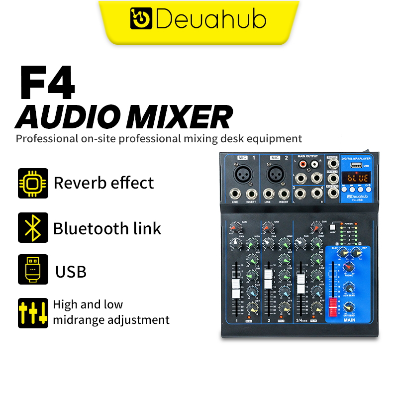 Deuahub F4-USB 4 Channel Audio Mixer with Bluetooth for DJ & Live Sound ...