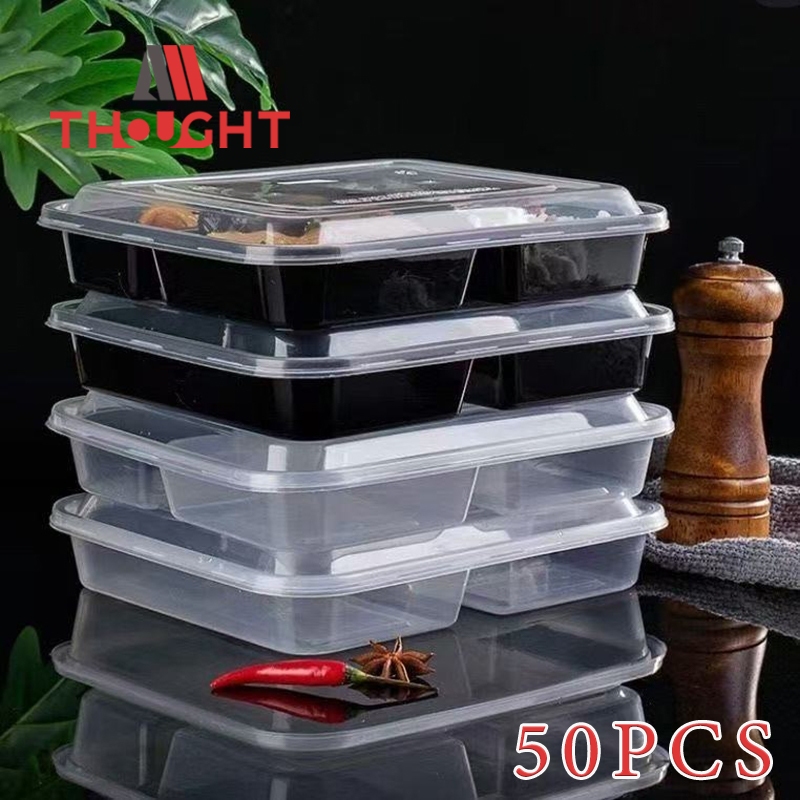 50pcs Multi-Grid Meal Box Disposable Microwavable Plastic Lunch Box ...