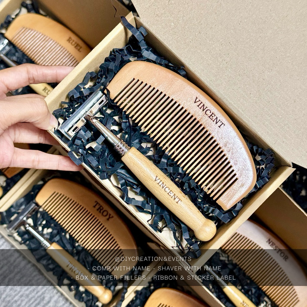 Groomsman Gift Set Wooden Comb & Razor with Name Engraved | Shopee ...