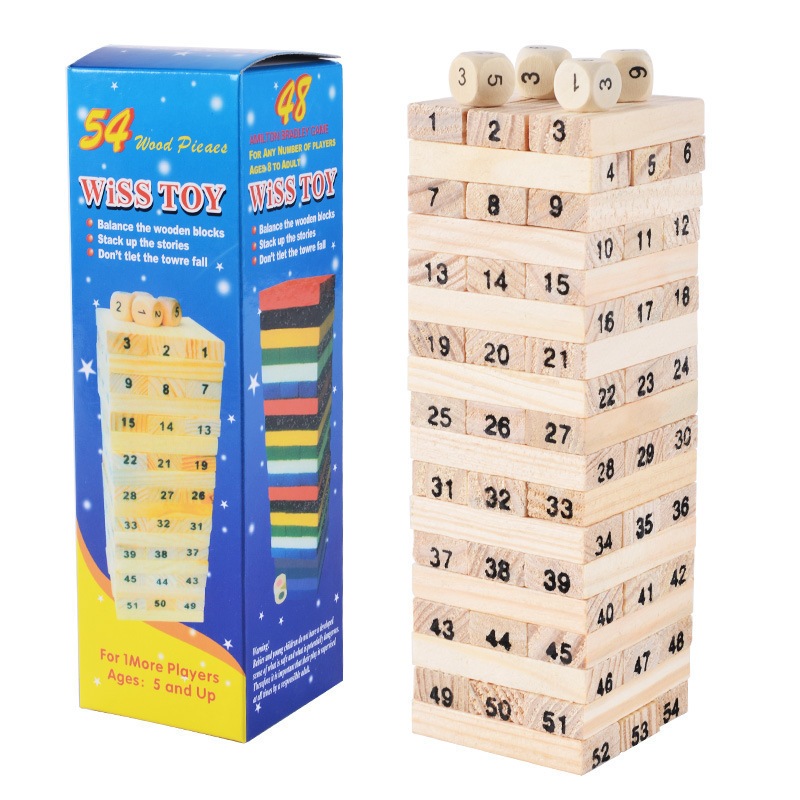 48PCS Domino Blocks Wooden Toys Digital Building Block Children Toys + 4 Dices Stacker Toys for Children main image 0