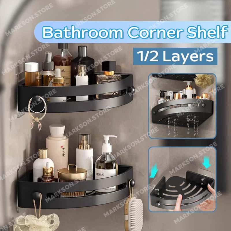 Bathroom Corner Shelf Punch-free Triangle Organizer Rack With Hooks For ...