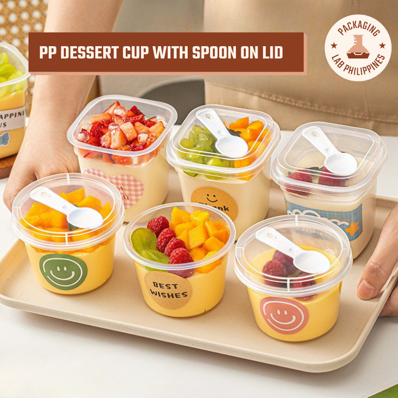 [25pcs] 220ml 280ml PP Dessert Cup with Spoon on Lid Mousse Dessert ...