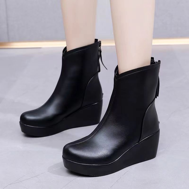 Size 35-40 Women's Mid Length Martin Boots Black High Heel Short Boots  Thick Soled Wedges Shoes