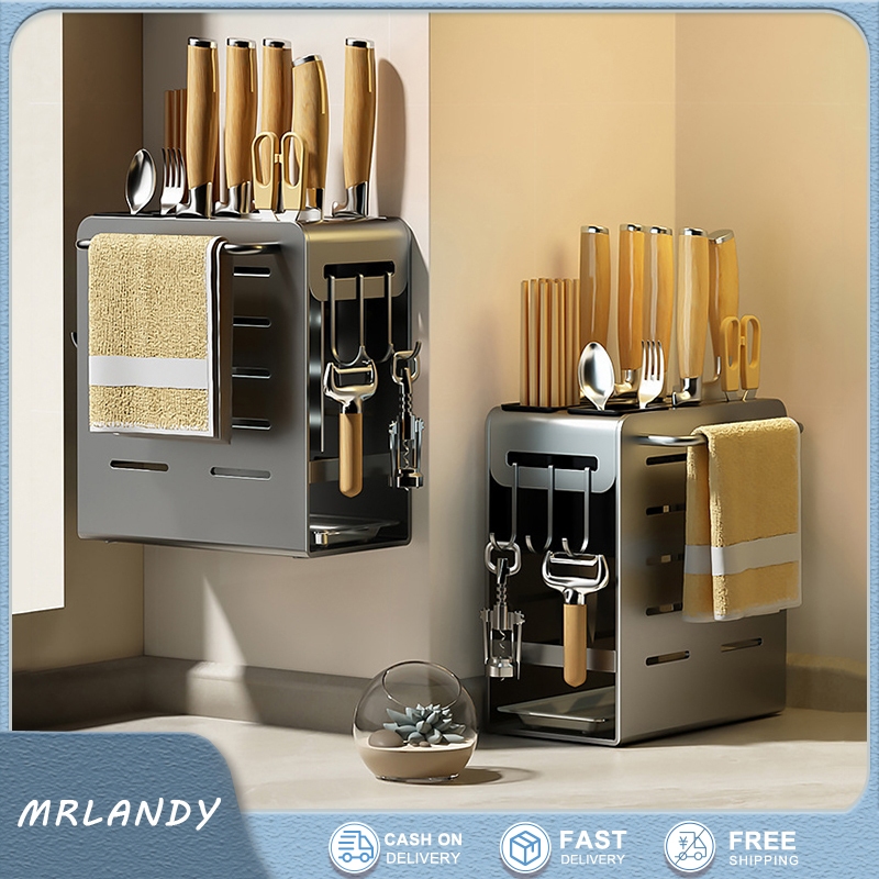 Wall Mounted Knife Holder Cutlery Storage Rack With Draining Tray ...