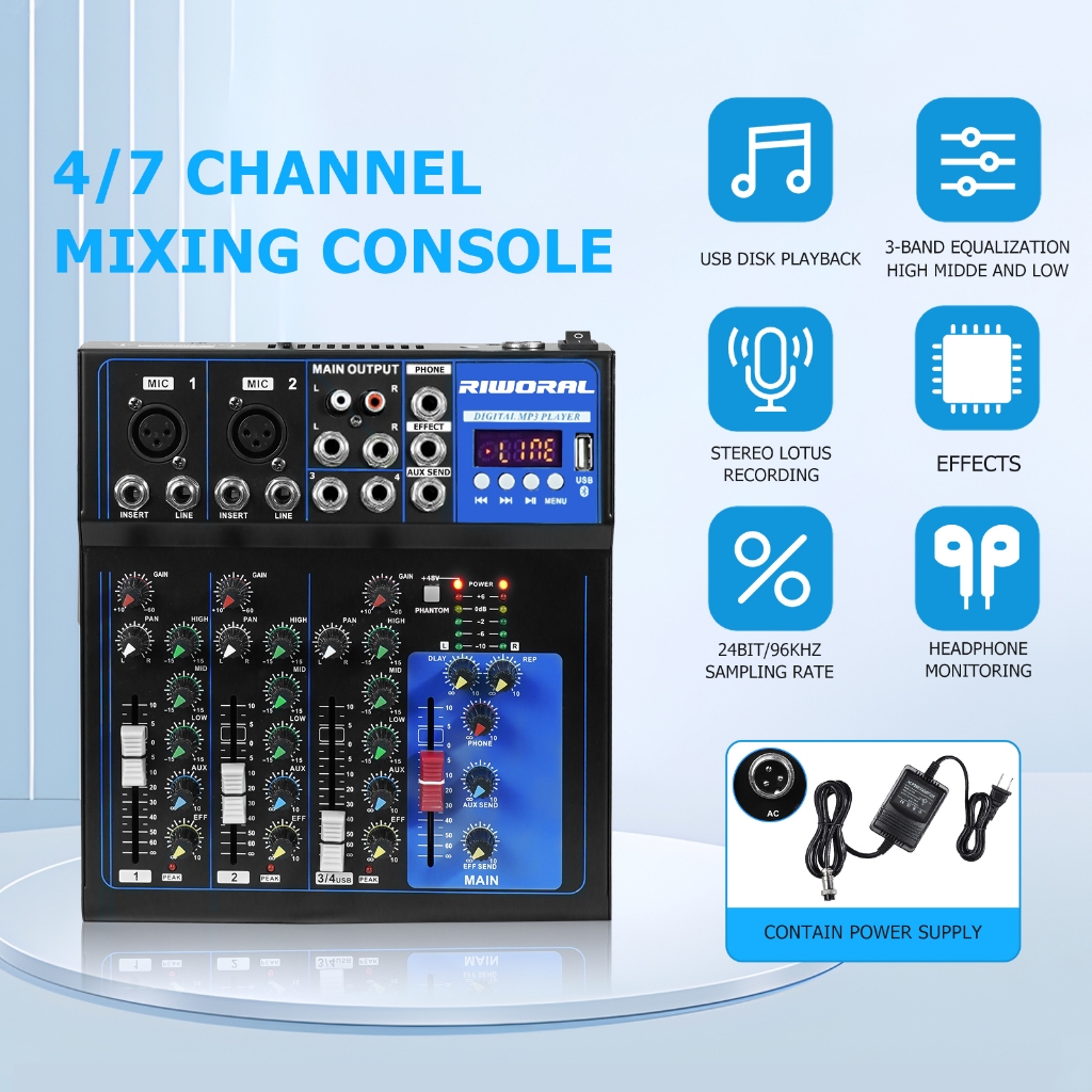 Audio Mixer 4 Channel 48V Phantom Power Supply DJ Audio Mixer Recording