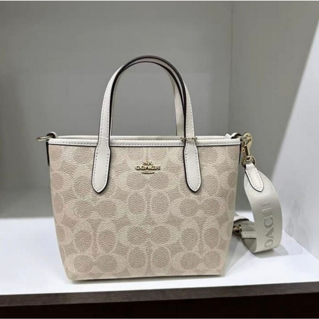 C.O.A.C.H CW032 City Mini Tote Bag in Sand Signature Coated Canvas and