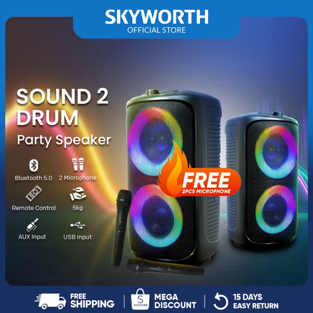 SKYWORTH Sound 2 Drum Party Speaker with Wireless Mic Built In Lights ...