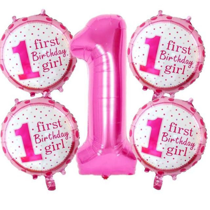 5in1 Girl 1st Birthday Foil Balloons Set Pink with Big Number 1 | 5pcs ...