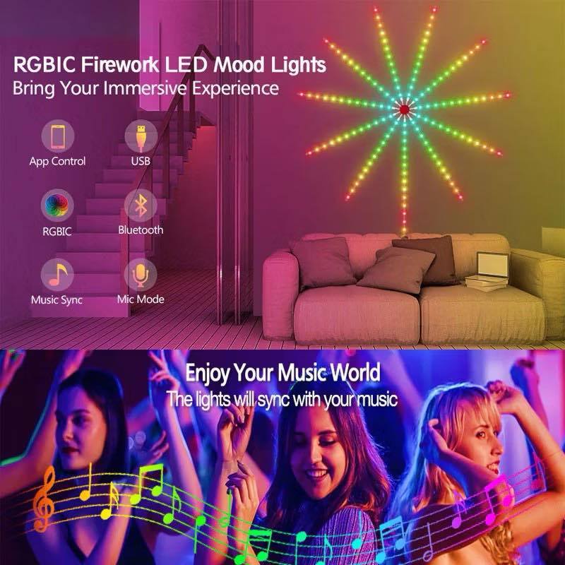 Remote Control Strip Lights 180LED Smart LED Firework Lights Music ...