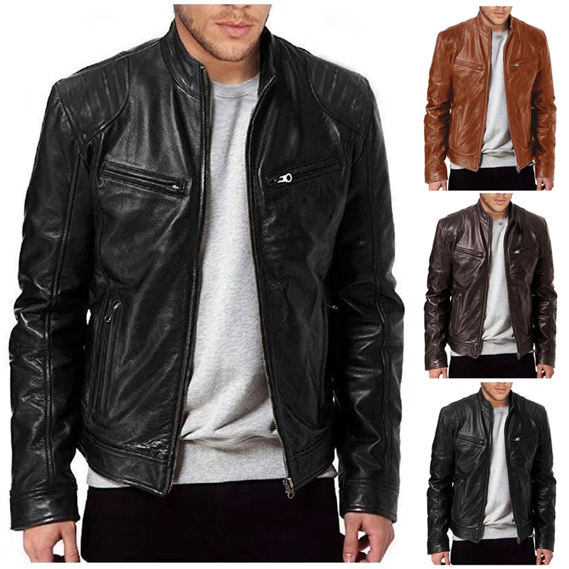 Men's Leather Jacket Stand Collar PU Leather Jacket Motorcycle Riding ...