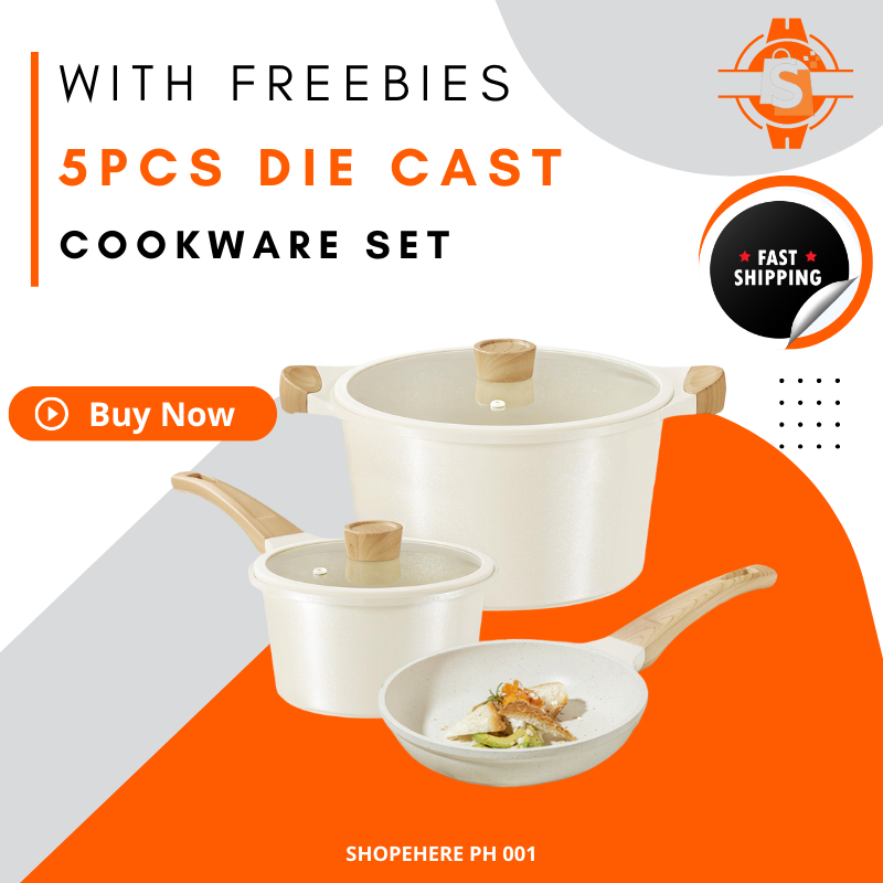 5pcs Die Cast Cookware Set Pot and Pans Nonstick, White Granite ...