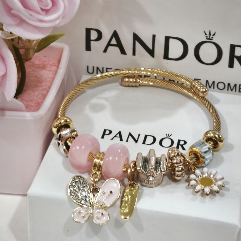 Random Pandõra crystal gold steel with colorful charm bangle | Shopee ...