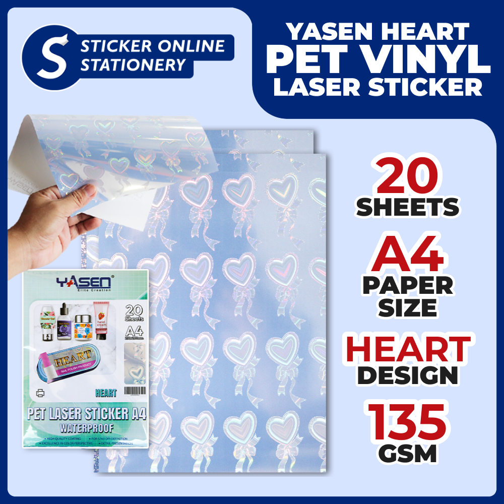 YASEN PET Vinyl Heart Pattern Sticker A4 Laser Holographic Waterproof ...