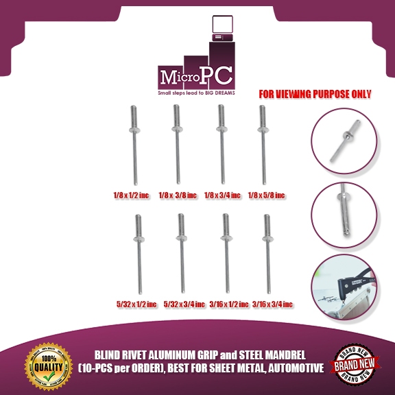 MICRO PC BLIND RIVET ALUMINUM GRIP and STEEL MANDREL (10-PCS per ORDER ...