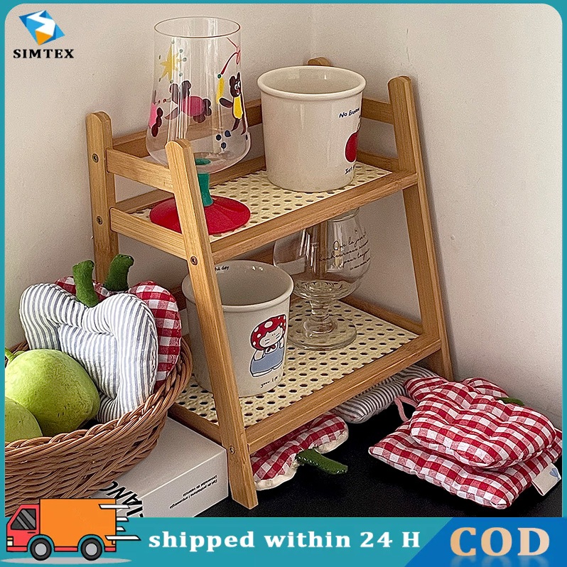 [On Hand]New Rattan Desktop Double-Layer Storage Rack Bedroom Storage ...