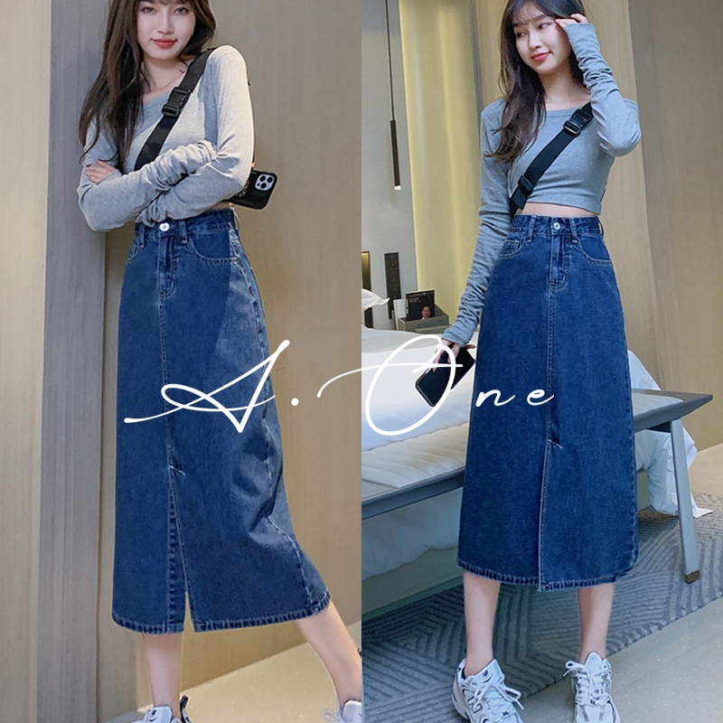 A.One Cute Denim Midi Skirt Women High Waist Korean Split Thigh Middle ...