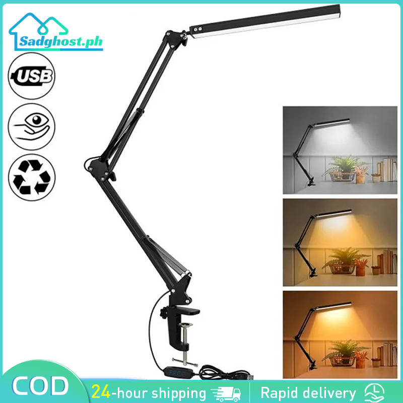 LED Folding Metal Desk Lamp Clip On Light Clamp Long Arm Dimming Table ...