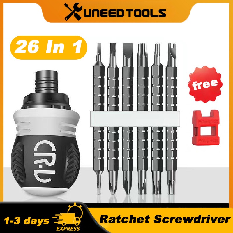 26 In 1 Ratchet Screwdriver Set Dual Purpose Head CRV Short Handle ...
