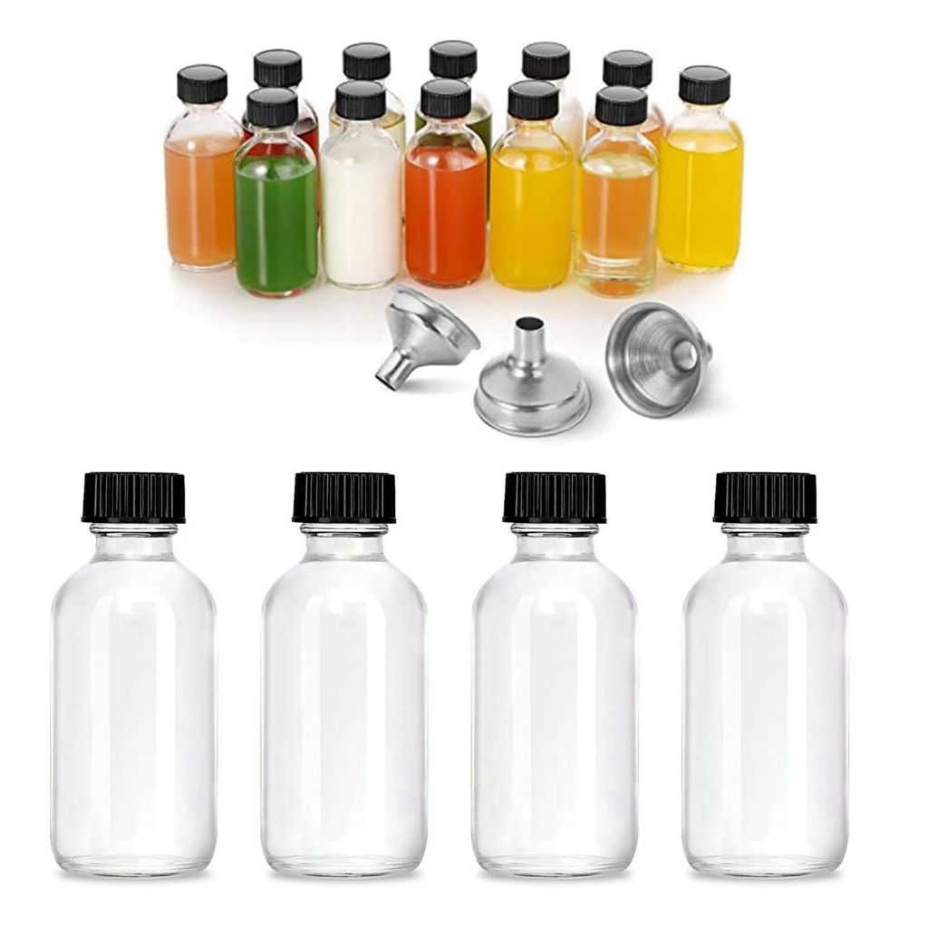 Kitchee 12x 60ml Small Glass Bottles + Lids Funnels Brush Labels Pen