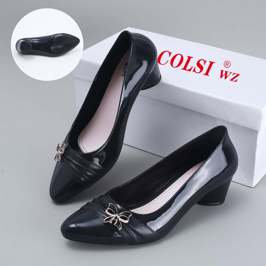 [CS] New One inch Heels Pointed Rubber Black Shoes with Ribbon Design ...