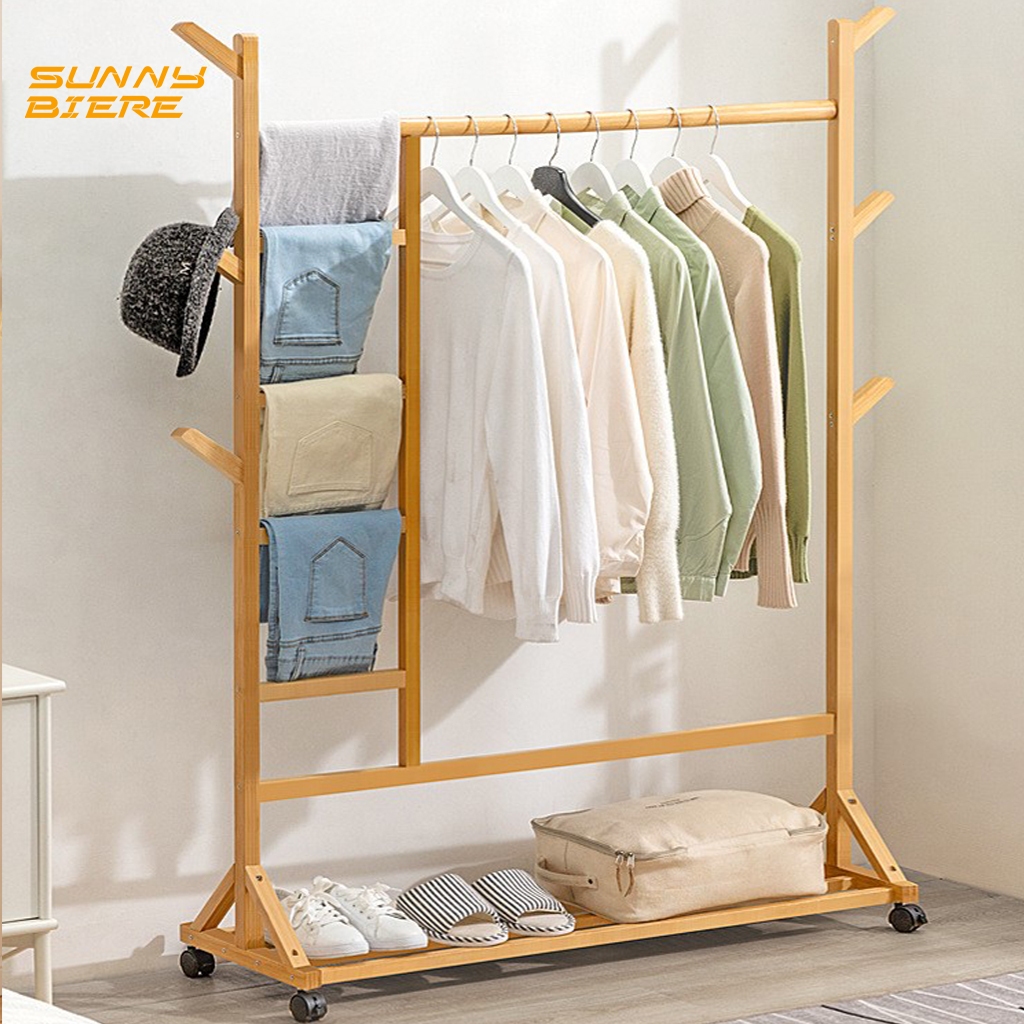 SUNNY BIERE Clothes Rack Bamboo 50/60/80/100CM 4Wheels Moveable Wooden ...